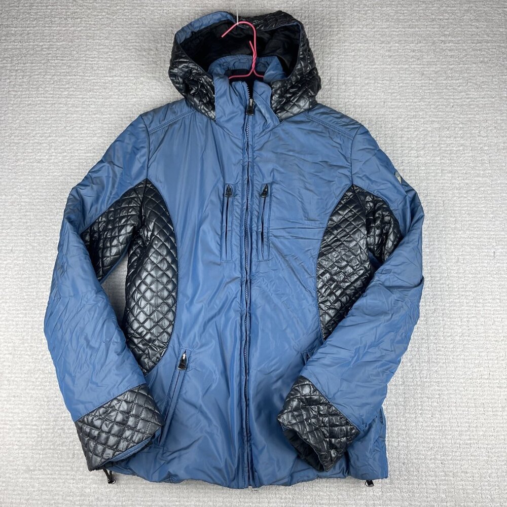 VTG Post Card Women’s Blue Quilted Jacket Size US 6 Full Zip Lined Hooded